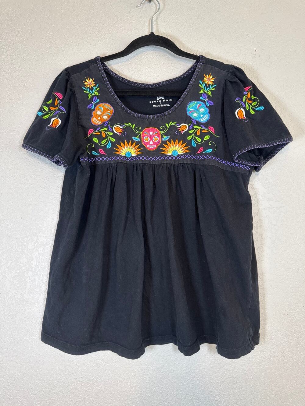 South Main Dia De Los Muertos Black Blouse Embroidered Multicolor Womens Large